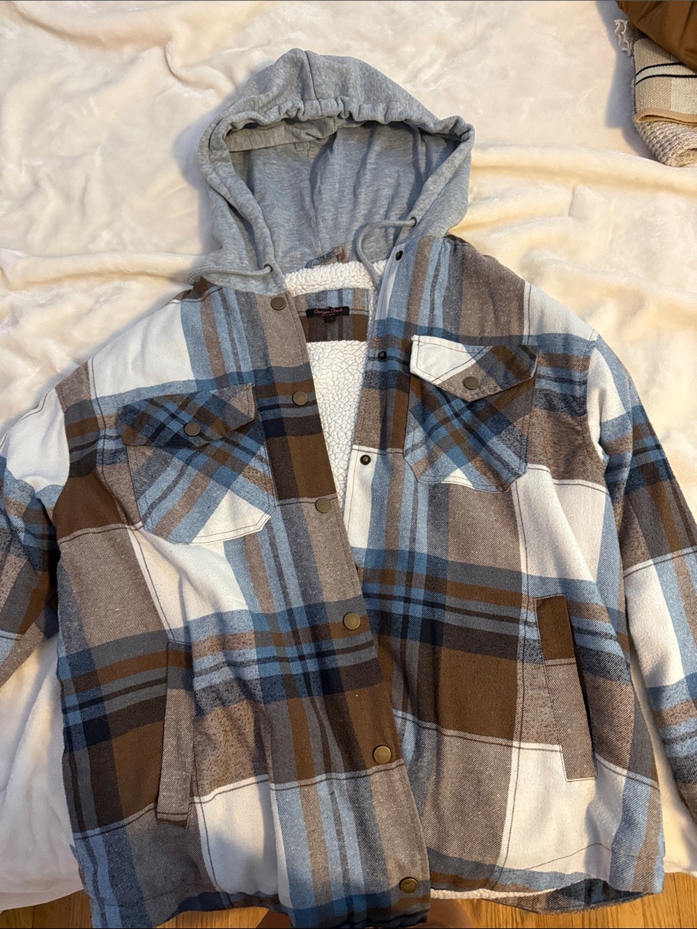 Plaid Teddy-Lined Hooded Jacket in Brown & Blue